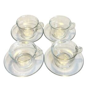 Vintage Arcoroc France MCM Set of 4 Clear 8oz. Glass Tea/Coffee Cups & Saucers